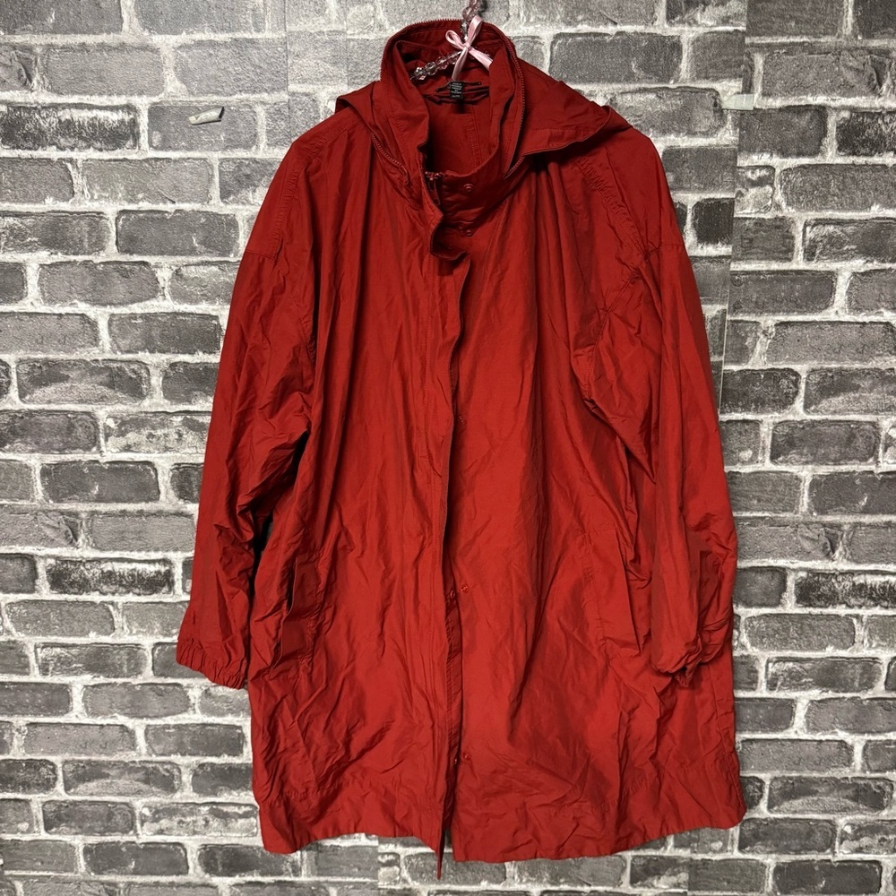 Eileen Fisher rain jacket rust red organic cotton nylon